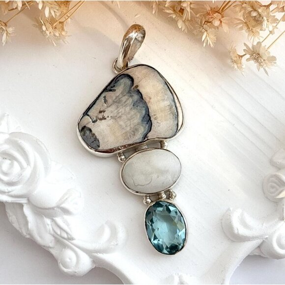 Agate, Mother of Pearl & Aquamarine Gemstone Sterling Silver 925 Vintage Pendant - Picture 1 of 10
